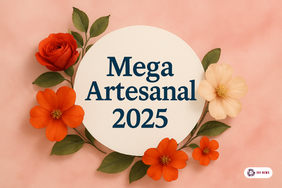Mega Artesanal 2025 apresenta uma composição floral vibrante em tons de laranja e creme, com fundo rosa suave e delicado.