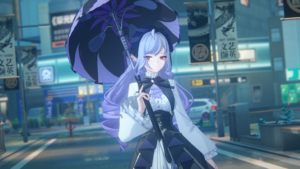 Zenless Zone Zero 1.7: personagem de cabelos lilás veste traje elegante preto e branco e segura sombrinha em rua iluminada