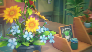 Zenless Zone Zero 1.7: vaso de flores com girassóis e flores azuis decora balcão interno de cafeteria aconchegante.