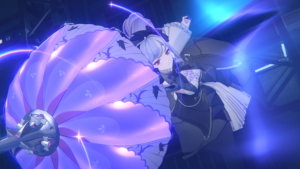 Zenless Zone Zero 1.7: personagem de cabelos lilás ataca com sombrinha durante batalha em ambiente escuro iluminado.
