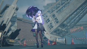 Zenless Zone Zero 1.7: personagem de cabelos lilás segura sombrinha diante de prédios destruídos em uma área interditada.