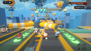Zenless Zone Zero 1.7: personagens correm em uma pista cheia de obstáculos giratórios e balões em cenário colorido.