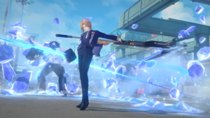 Zenless Zone Zero 1.7: personagem loiro ataca com bastão entre cristais flutuantes em cenário industrial ao ar livre.