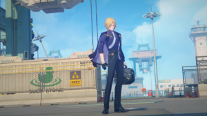 Zenless Zone Zero 1.7: personagem loiro de terno estilizado segura maleta em cenário industrial sob céu azul.