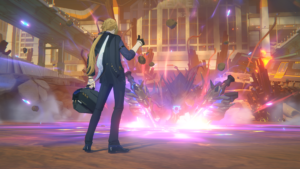 Zenless Zone Zero 1.7: personagem loiro encara criatura monstruosa em meio a destroços e efeitos de energia roxa.