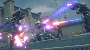 Zenless Zone Zero 1.7: criatura flutuante enfrenta robôs armados disparando lasers em base militar cercada.
