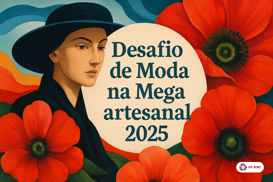 Desafio de Moda na Mega artesanal 2025 mostra uma ilustração de mulher elegante em meio a flores vibrantes e coloridas.