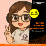 Gamescom Latam: avatar cartoon com camiseta IDV News celebra presença no evento, com visual vibrante e alegre.