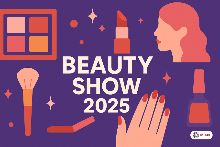 Banner promocional da Beauty Show 2025 em estilo digital plano, com fundo roxo e elementos em tons de rosa e laranja. A imagem mostra pincel de maquiagem, paleta de sombras, batom, esmalte, uma mão com unhas pintadas e o perfil de uma mulher, destacando o universo da beleza, maquiagem, cabelo e manicure. Texto central em branco: "Beauty Show 2025".
