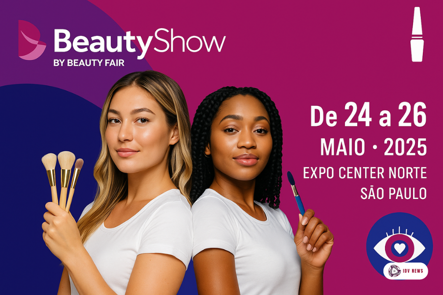 Imagem institucional da Programação Beauty Show 2025, com duas profissionais da beleza segurando pincéis em frente a fundo roxo e rosa. Evento confirmado para os dias 24 a 26 de maio de 2025 no Expo Center Norte em São Paulo, promovido pela Beauty Fair.