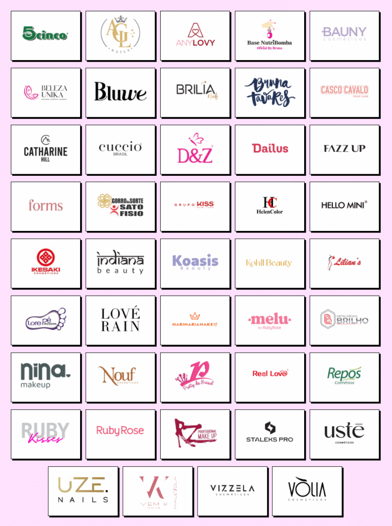 Imagem com logotipos dos expositores confirmados na Beauty Show 2025, incluindo marcas renomadas do setor de beleza, maquiagem, cabelo e unhas como Dailus, Ruby Rose, Vizzela, Ikesaki, Catharine Hill, Cuccio Brasil, Repos, Marimariamake, Staleks Pro, Koasis, Pretty do Brasil, AnyLovy, Uze Nails, entre outras.