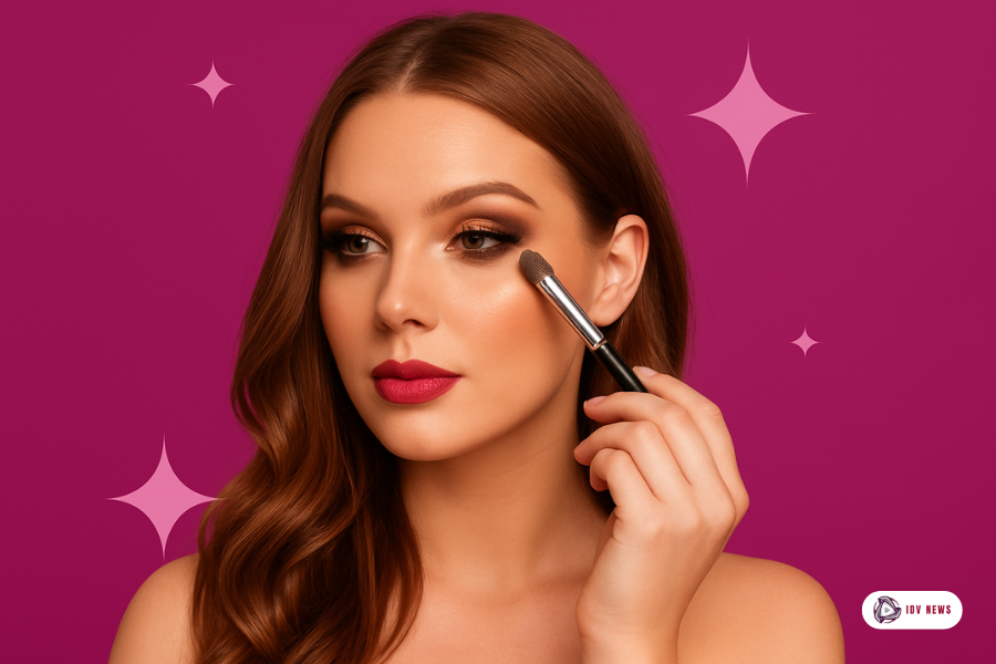 Mulher maquiada com batom rosa escuro e sombra marcante aplicando iluminador com pincel, sobre fundo rosa vibrante com estrelas decorativas.