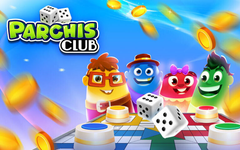 Moonfrog Labs destaca o Parchis Club com personagens animados, dados e moedas voando em cenário vibrante de jogo de tabuleiro.