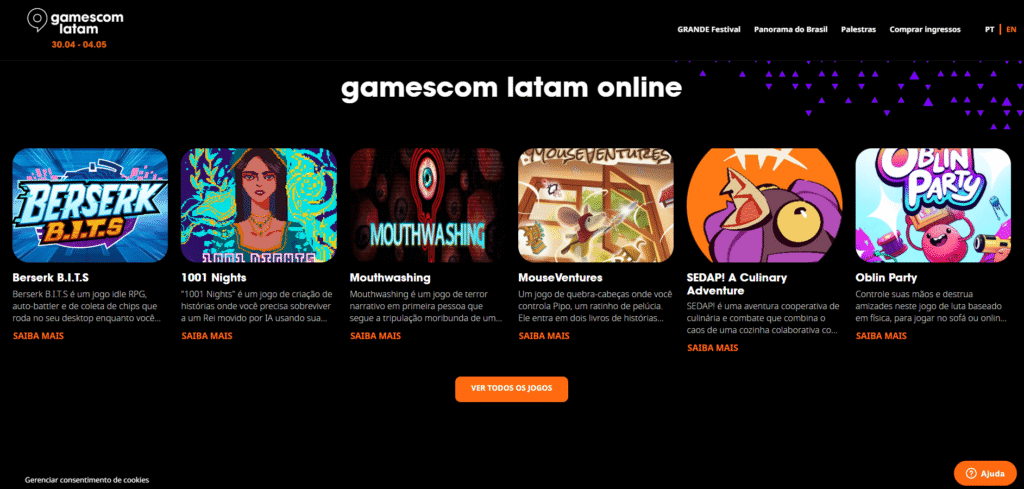 Gamescom Latam: jogos independentes e experiências digitais disponíveis online com destaque para títulos como Berserk B.I.T.S e Oblin Party.