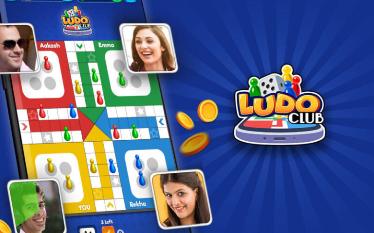 Moonfrog Labs apresenta o jogo Ludo Club com visual colorido, interface de tabuleiro digital e avatares de jogadores conectados.