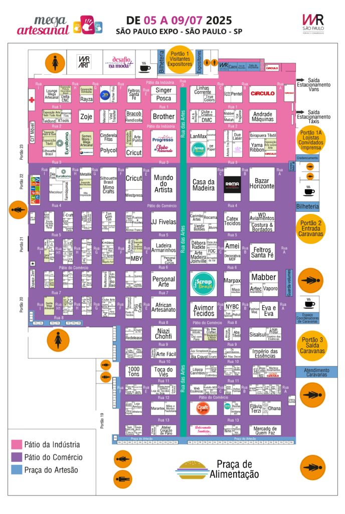 Mapa oficial da Mega Artesanal 2025 com a planta do evento no São Paulo Expo, destacando áreas como Pátio da Indústria, Pátio do Comércio, Praça do Artesão e Praça de Alimentação. A imagem exibe a localização dos estandes de marcas como Acrilex, Círculo, Brother, Cricut, Mundo do Artista, African Artesanato, Personal Arte e muitos outros, além da organização das ruas e portões de entrada.