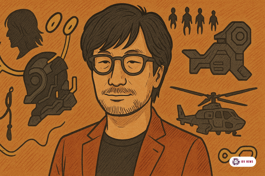 BGS 2025 recebe Hideo Kojima em destaque em ilustração artística, mostrando o criador em primeiro plano com referências conceituais às suas obras no fundo, como silhuetas de personagens, elementos futuristas e helicóptero, representando o impacto do evento no universo dos games.