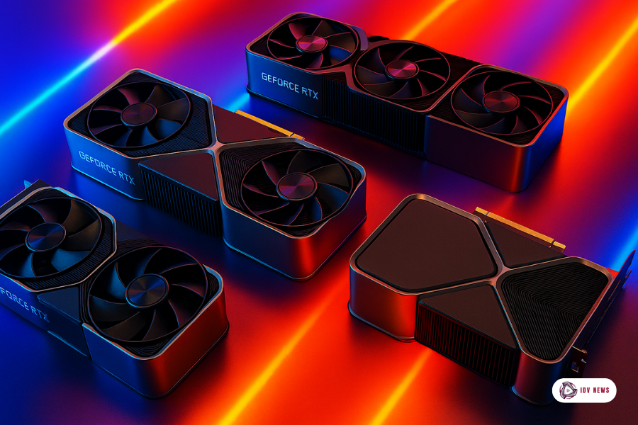 NVIDIA apresenta placas de vídeo GeForce RTX em destaque com design realista, exibidas sobre fundo vibrante em cores neon azul, vermelho e laranja, simbolizando potência e tecnologia gamer.