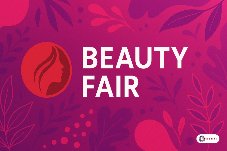 Beauty Fair ilustrada com identidade visual vibrante em tons de rosa e roxo, destacando o logotipo do evento — um perfil feminino estilizado em círculo vermelho — ao lado do nome em letras brancas. O fundo é decorado com elementos botânicos, folhas e formas orgânicas, refletindo o universo da beleza, estética e cosméticos. Imagem promocional oficial com selo da IDV News no canto inferior direito.
