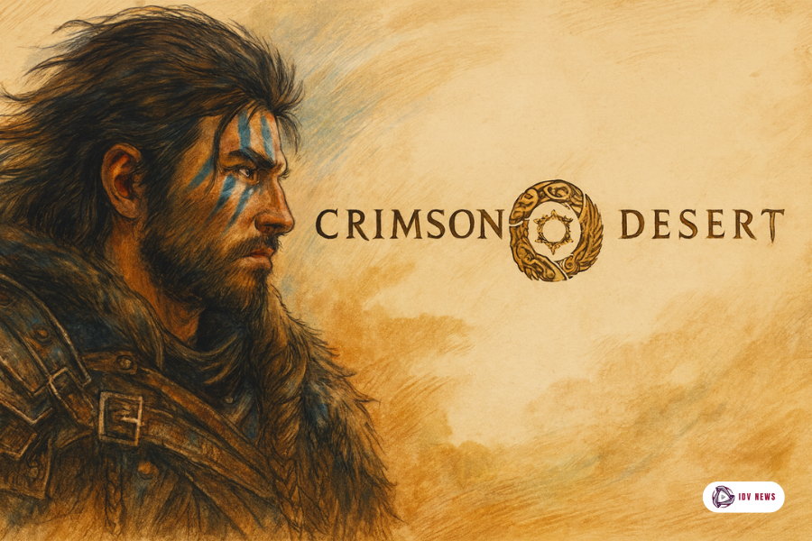 Crimson Desert personagem principal em ilustração artística com pintura detalhada, vestindo armadura e marcas azuis no rosto, ao lado do logotipo oficial do jogo sobre fundo bege épico, estilo desenho medieval, usado como capa promocional.