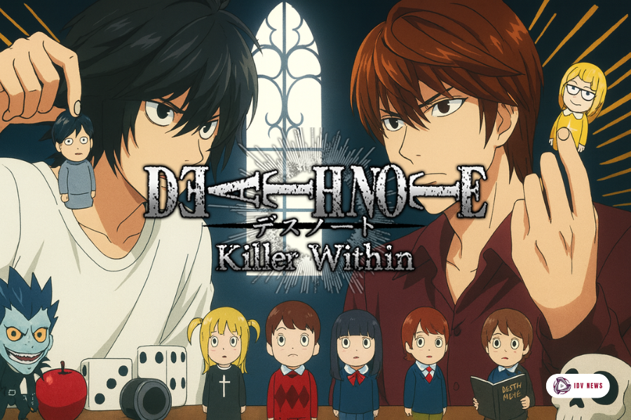 Death Note Killer Within mostra Light Yagami e L em confronto estratégico, segurando bonecos de personagens icônicos. A arte em estilo anime destaca Ryuk, Misa Amane e outros elementos clássicos, reforçando a atmosfera sombria e intelectual do jogo inspirado no universo de Death Note.