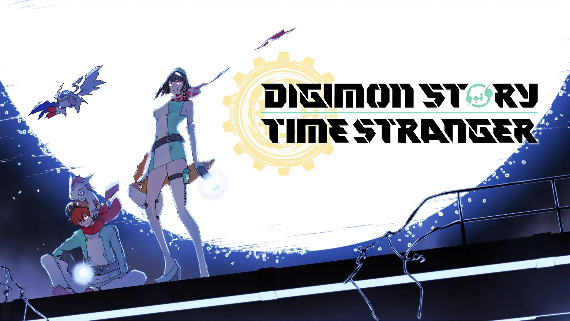 Digimon Story Time Stranger apresenta dois protagonistas em um cenário futurista iluminado por uma engrenagem dourada, acompanhados de Digimons em destaque, transmitindo ação, aventura e atmosfera digital.
