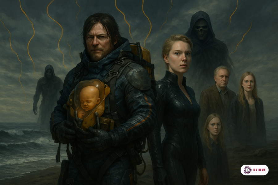 Arte promocional de Death Stranding 2 com Sam Porter Bridges segurando o bebê BB, acompanhado de personagens centrais e figuras sombrias ao fundo em um cenário costeiro.