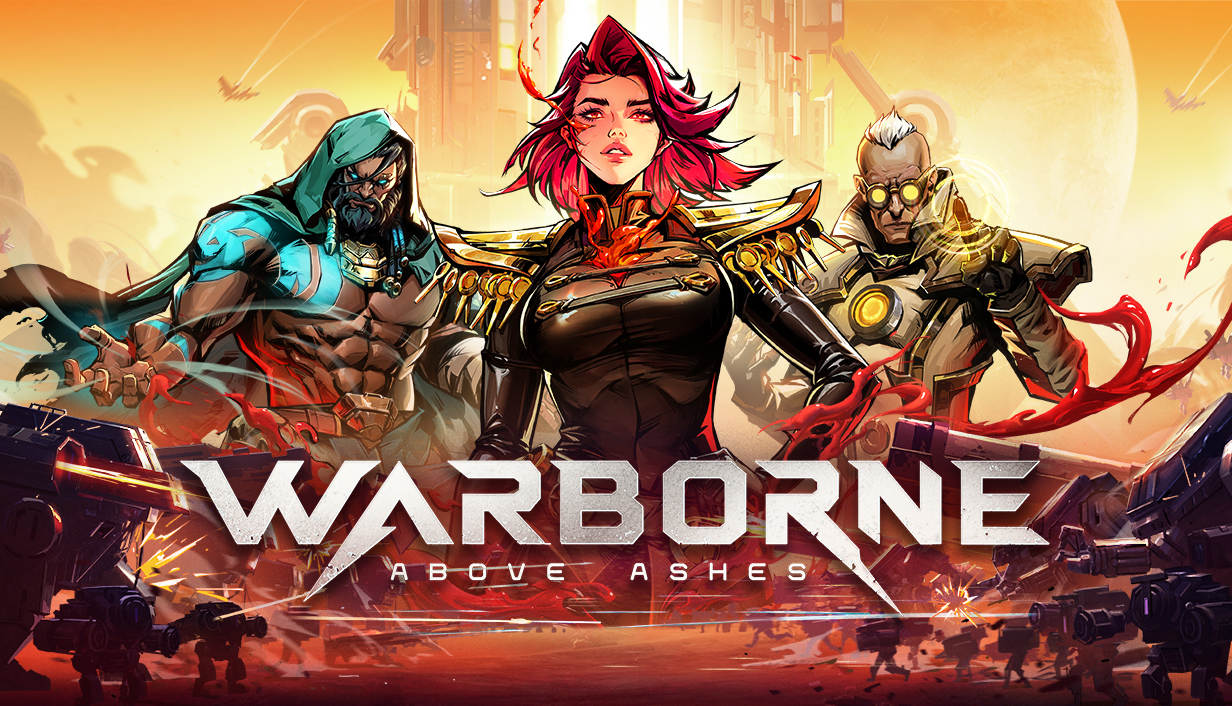 Warborne Above Ashes apresenta arte oficial com personagens principais em destaque, em cenário futurista de ficção científica com atmosfera de batalha.