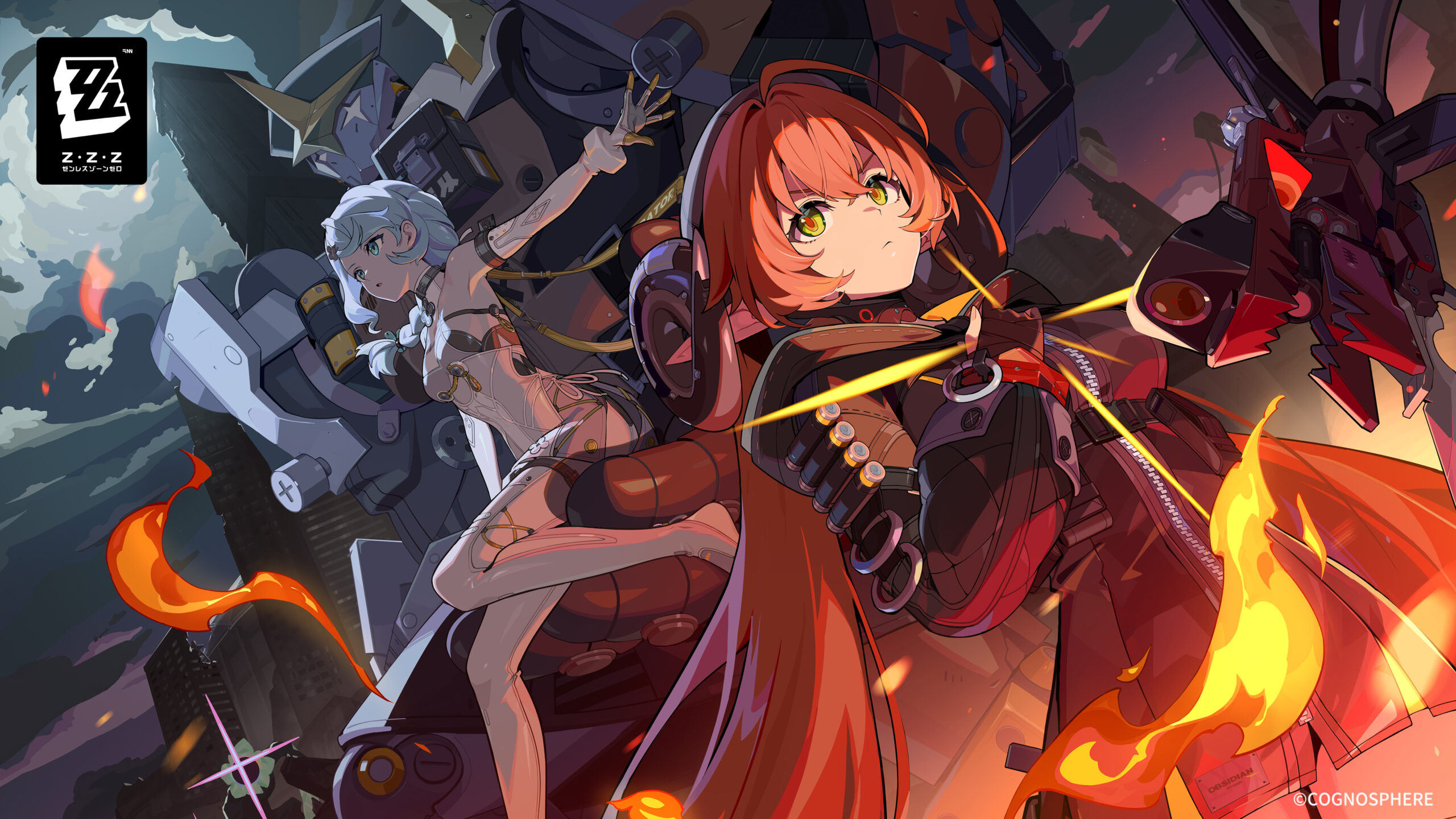 Zenless Zone Zero mostra personagens em estilo anime em uma cena de ação intensa, com uma guerreira de cabelos ruivos em primeiro plano empunhando armas futuristas e outra personagem de cabelos prateados ao fundo, ao lado de um robô gigante em um cenário urbano em chamas.
