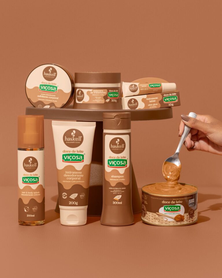 Produtos da linha Haskell Doce de Leite Viçosa expostos na Beauty Fair 2025, incluindo máscara de tratamento, hidratante corporal e esfoliante.