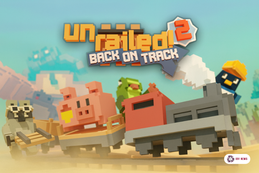 Unrailed 2: Back on Track apresenta arte voxel colorida com locomotiva, animais e personagens em estilo divertido, destacando o clima cooperativo e caótico do jogo de construção de trilhos.
