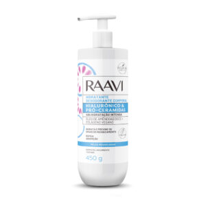 Raavi Hidratante Corporal Hialurônico & Pró-Ceramidas 450 g, com óleo de amêndoas doce e colágeno vegano para hidratação intensa.