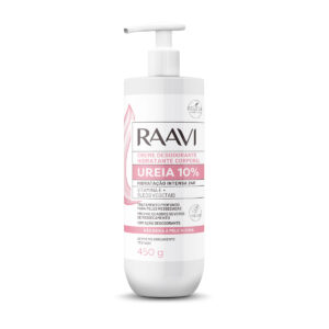 Raavi Creme Hidratante Corporal Ureia 10% 450 g, tratamento profundo para peles ressecadas, com vitamina E e óleos vegetais.