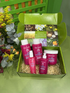 Produtos da linha Liso Extraordinário da Inoar expostos em caixa verde, com fórmula vegana e foco em alinhamento dos fios e brilho espelhado.