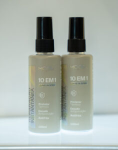 Leave-in Spray Mood 10 em 1 em embalagens de 100 ml, com ação reparadora instantânea, protetor térmico, escudo antipoluição e antifrizz.