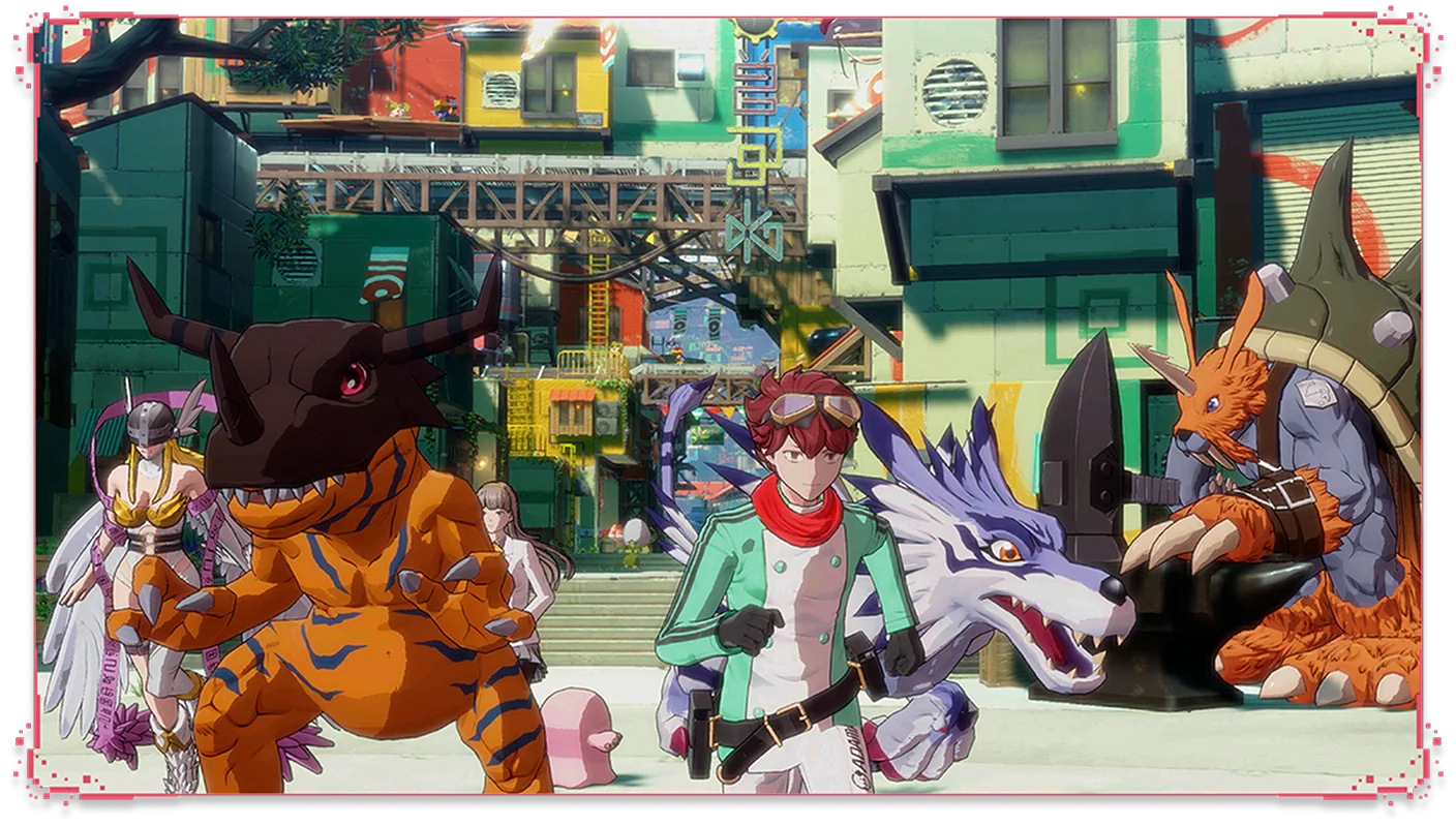 Cena vibrante de Digimon Story Time Stranger mostrando personagens humanos ao lado de Digimons icônicos em um cenário urbano colorido.