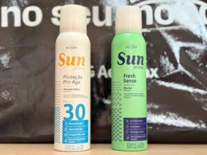 Protetor Solar Sun Prime e spray pós-sol exibidos juntos, destaque para linha MOOD Sun com FPS 30 e ação refrescante.