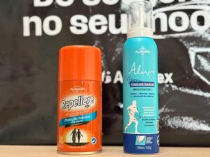 Repelente My Health e mousse Alívio exibidos juntos, produtos da família MOOD para proteção e conforto corporal.