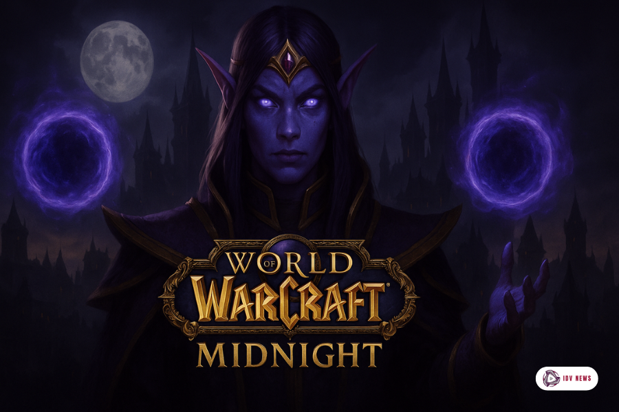 Arte de World Of Warcraft Midnight mostrando um elfo sombrio com poderes mágicos e o logotipo do jogo em destaque.