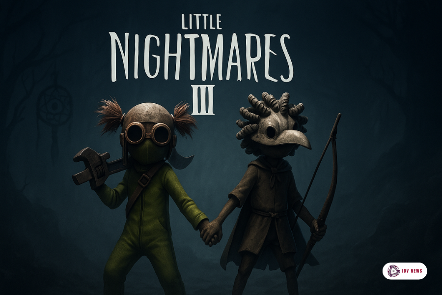Arte de Little Nightmares III mostrando os personagens Low e Alone de mãos dadas em um cenário sombrio e misterioso.