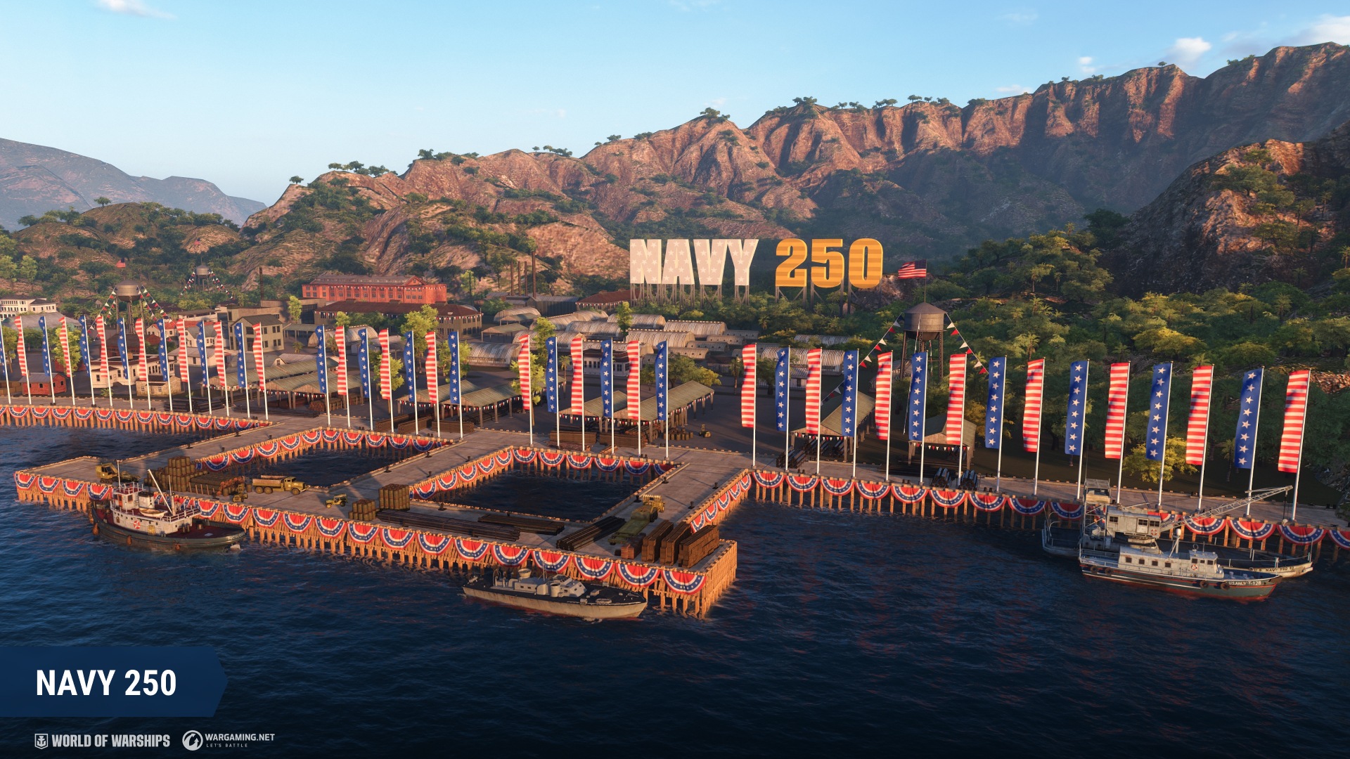Vista do porto comemorativo Navy 250 em World of Warships, com bandeiras dos EUA, navios atracados e cenário montanhoso ao fundo.