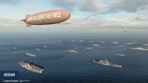 Dirigível e frota naval em World of Warships celebrando os 250 anos da Marinha dos EUA no evento especial.
