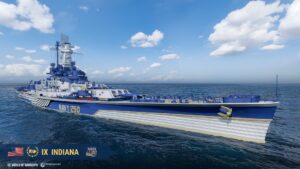 Navio USS Indiana nível IX em World of Warships com pintura comemorativa Navy 250.