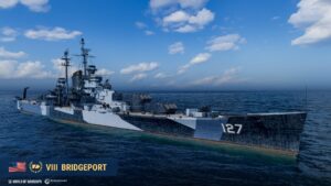 Cruzador Bridgeport nível VIII em World of Warships com visual clássico e detalhes navais.