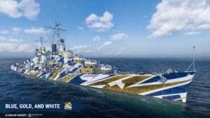 Navio com camuflagem Blue, Gold and White em World of Warships, comemorando os 250 anos da Marinha dos EUA.