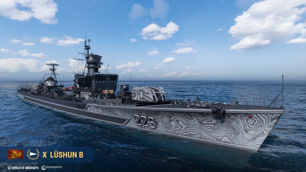 Contratorpedeiro pan-asiático Lüşun B em World of Warships, com design furtivo e armamento avançado.