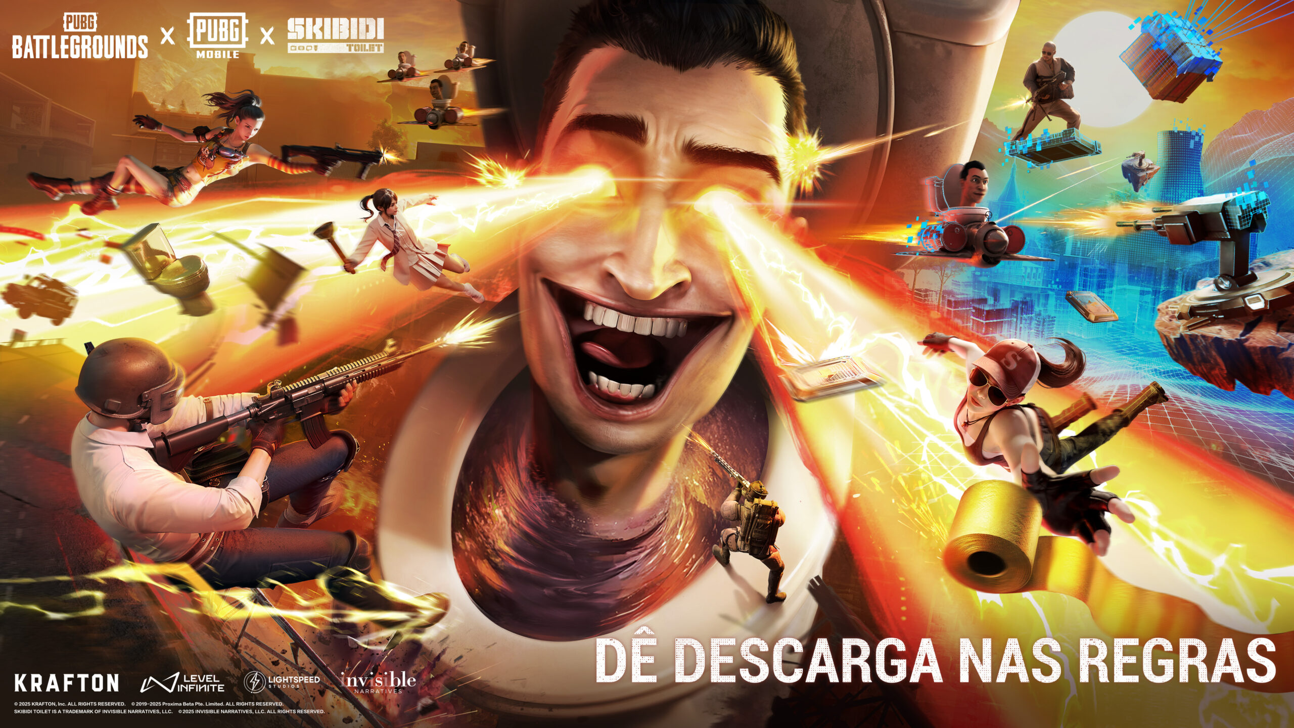 Arte promocional de Pubg Mobile com a colaboração Skibidi Toilet, mostrando personagens em batalha com raios laser e elementos caóticos voando pelo cenário.