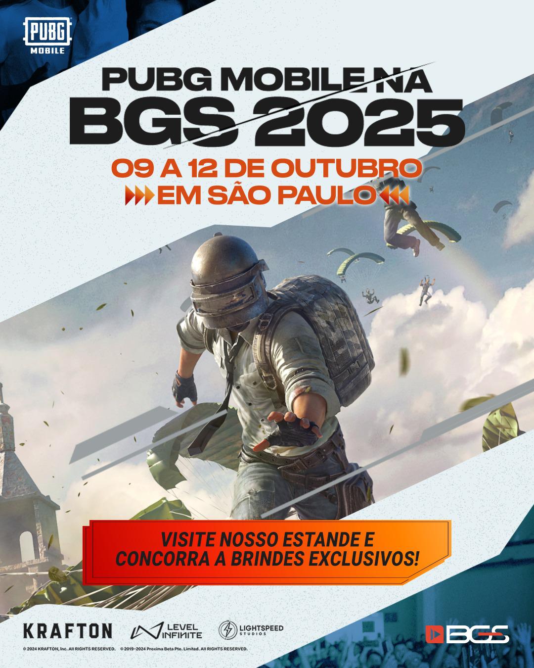 Arte promocional de PUBG Mobile na Brasil Game Show 2025, destacando datas do evento em São Paulo, jogador saltando de paraquedas e convite para visitar o estande e ganhar brindes exclusivos.