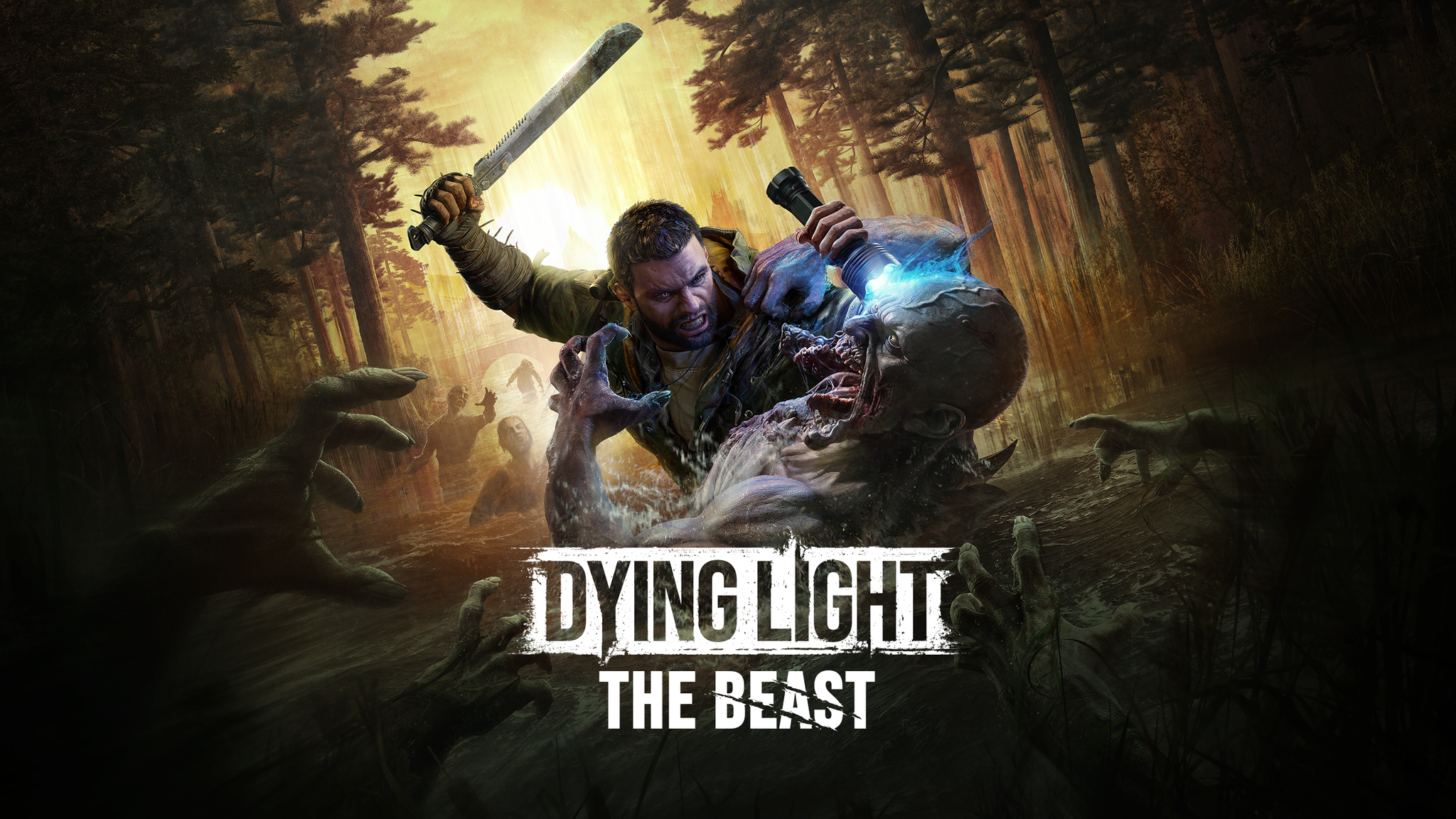 Arte promocional de Dying Light: The Beast mostrando o protagonista Kyle Crane em combate contra um zumbi em um cenário sombrio de floresta.