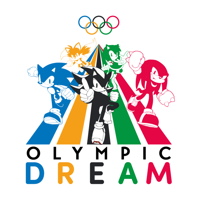 Personagens da SEGA, incluindo Sonic, correndo em pistas coloridas com os anéis olímpicos ao fundo e o logotipo “Olympic Dream”.